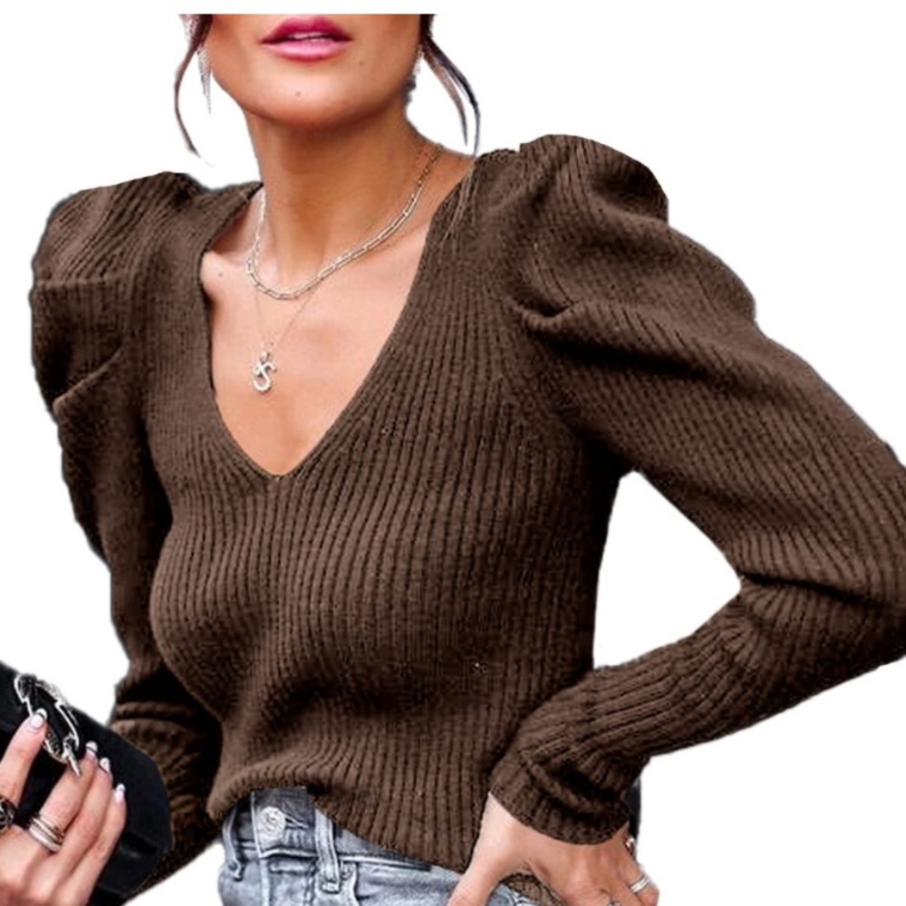 Pretty Garden Puff Shoulder Sweater, Chocolate Vneck XL NWOT